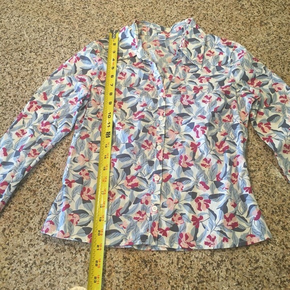 Old Navy X-Small Button Up Blouse Blue White Pink Floral Long Sleeve Career Top - Picture 6 of 12